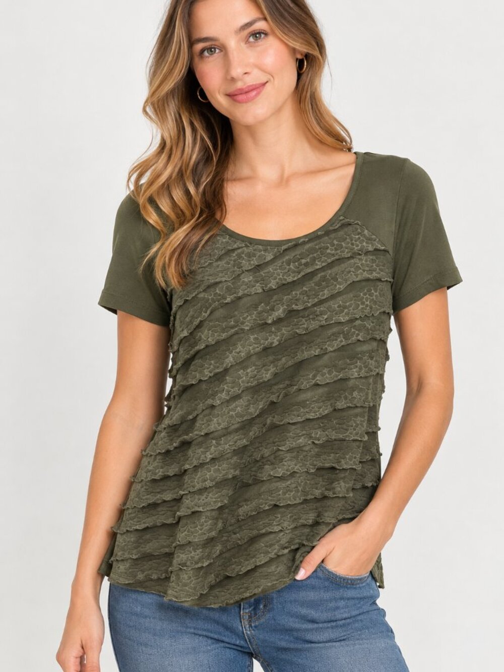 Sag Harbor Olive Green Short Sleeve Ruffle Front Tee Size Large